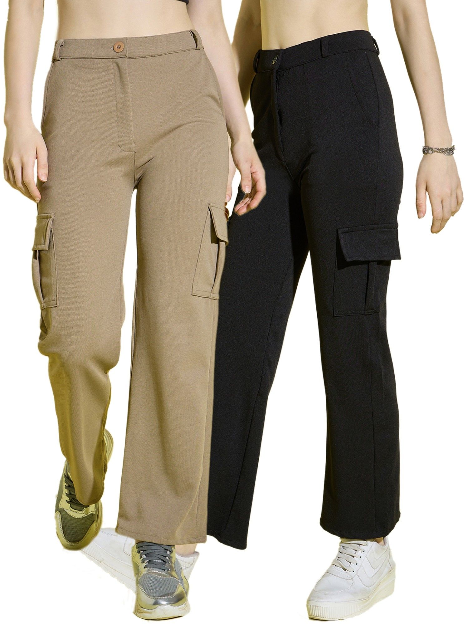 Lycra Blend Straight Fit Full Length Solid Cargo Pants (Pack of 2)-image-10