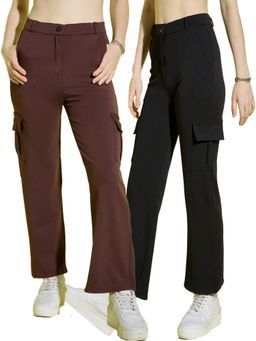 Buynewtrend - Lycra Blend Straight Fit Full Length Solid Cargo Pants (Pack of 2)