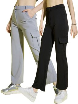 Buynewtrend - Lycra Blend Straight Fit Full Length Solid Cargo Pants (Pack of 2)