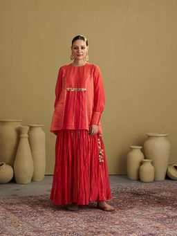Vaaya - The Alta Red Crushed Chanderi Gota Kurti with Lehenga