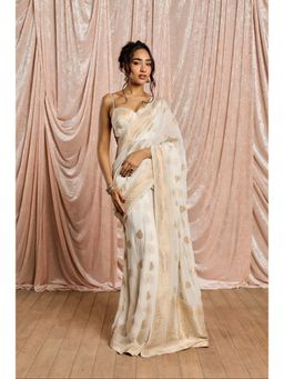 Saanjh by Lea - Zoya White and Gold Banarasi Pre-Draped Saree with Stitched Blouse