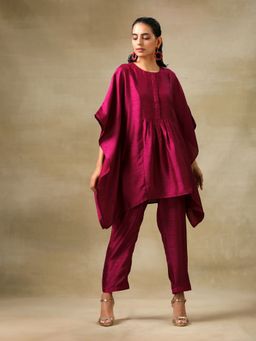 trueBrowns - Purple Textured Silk Gathered Kaftan Co-ord (Set of 2)