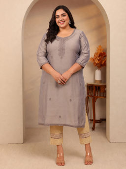 Extra love by Libas - Grey Embroidered Zari Kurta