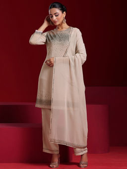Libas Art - Beige Sequined-Beads Work Kurta with Pant and Dupatta