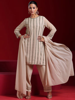 Libas Art - Beige Sequined-Beads Work Kurta with Pant and Dupatta