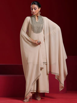 Libas Art - Beige Sequined-Beads Work Kurta with Palazzo and Dupatta