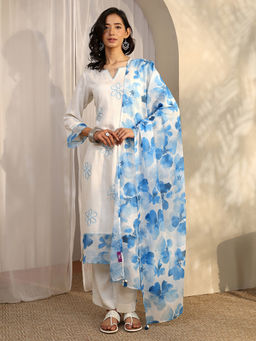 Libas - Off White Floral Printed Kurta with Pant and Dupatta