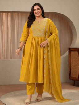 Extra love by Libas - Plus Size Yellow Embroidered Sequined Work Kurta with Pant and Dupatta