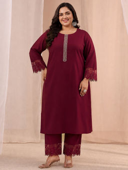 Extra love by Libas - Plus Size Maroon Embroidered Beads Work Kurta with Pant