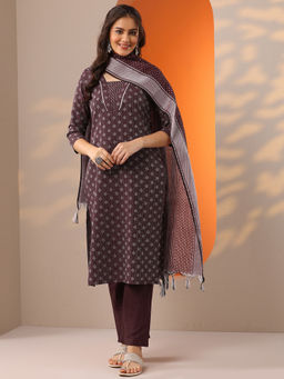 Libas - Brown Woven Tassels Kurta with Pant and Dupatta