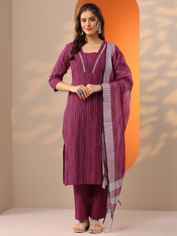 Libas - Wine Woven Tassels Kurta with Pant and Dupatta