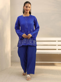 Libas - Blue Floral Embroidered Kurti with Palazzo