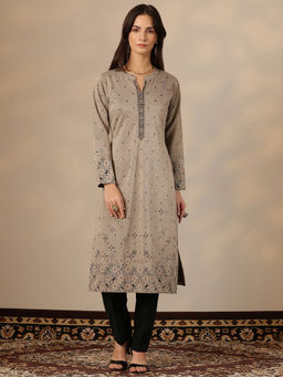 Libas - Grey Printed Beads Work Kurta (S)