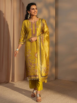 Libas - Yellow Printed Mirror Work Kurta with Pant and Dupatta