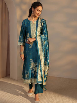 Libas - Teal Floral Mirror Work Kurta with Pant and Dupatta