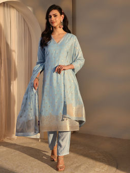 Libas - Blue Floral Woven Kurta with Pant and Dupatta