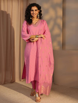 Libas - Pink Floral Embroidered Kurta with Pant and Dupatta