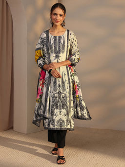 Libas - White Paisley Printed Kurta with Pant and Dupatta