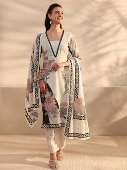 Libas - Off White Floral Printed Kurta with Pant and Dupatta