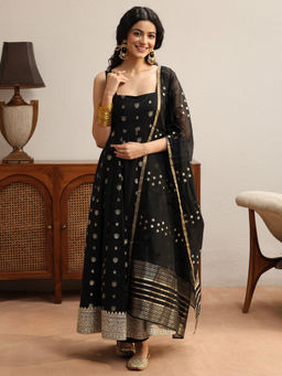 Libas - Black Floral Woven Anarkali Kurta with Palazzo and Dupatta