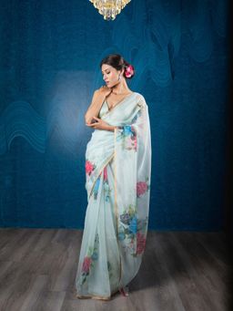 EXCLUSIVA - Blue Floral Organza Digital Print Saree Zari Border with Unstitched Blouse