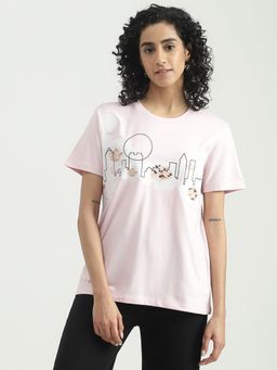 United Colors of Benetton - Cotton Pink Printed Round Neck Women T-Shirt
