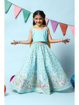 Biba - Turquoise Cotton Short Top Lehenga (Set of 3)