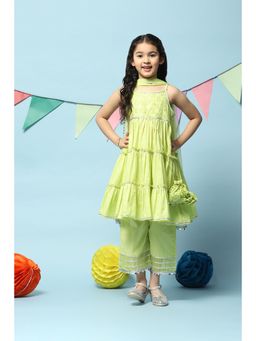 Biba - Lime Green Cotton Tiered Kurta Straight Palazzo Suit (Set of 4)