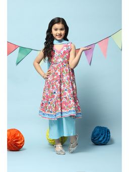 Biba - Blue Cotton Tiered Kurta Straight Palazzo Suit (Set of 3)