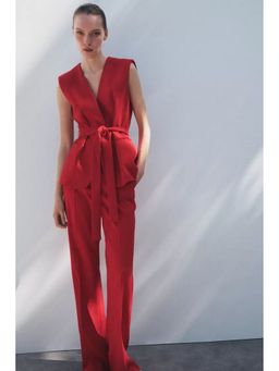 Loveable Creations By Muskan - Women Alala Red Blazer Cotton Co-Ord Set with Belt
