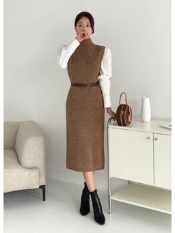 Loveable Creations By Muskan - Brown Dazy Sleeveless Long Knit Dress with Belt and Shirt
