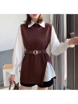 Loveable Creations By Muskan - Brown Fushion Warm Shirt with Sweater Dress and Belt