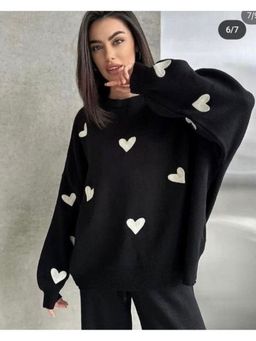 Loveable Creations By Muskan - Women Heart Wollen Black Cotton Sweatshirt with Pant