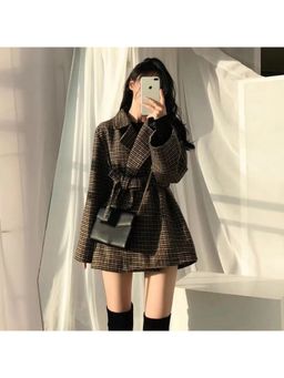 Loveable Creations By Muskan - Women Jamel Plaid Brown Polyester Coat with Belt