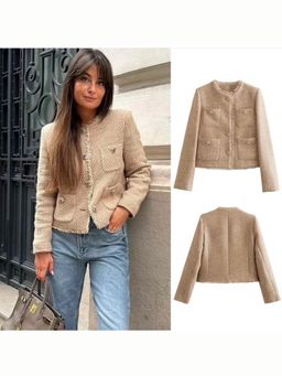 Loveable Creations By Muskan - Beige Textured Luxe Tweed Coat