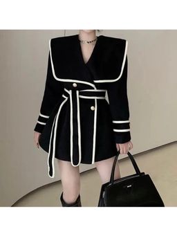 Loveable Creations By Muskan - Women Black Wool Coat with Belt