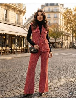 Loveable Creations By Muskan - Women Tweed Blazer Red Polyester Co-Ord Set