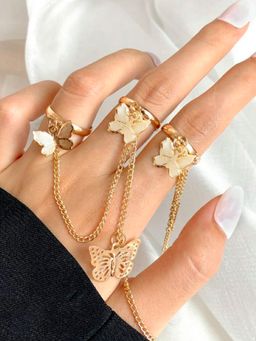OOMPH - Combo of 2 Gold Tone Butterfly Chain Adjustable Ring Set
