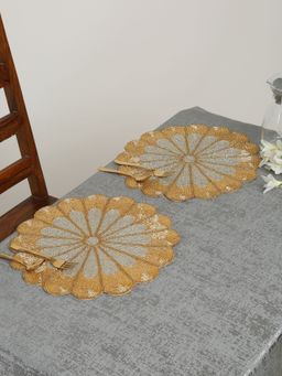HOSTA HOMES - Set Of 2 Golden And Silver Embellished Beaded Round Table Placemat