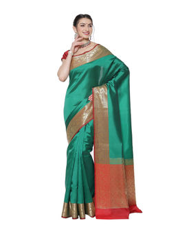 Banarasi Silk Works - Green Valkalam Katan Silk Anchal Saree with Unstitched Blouse