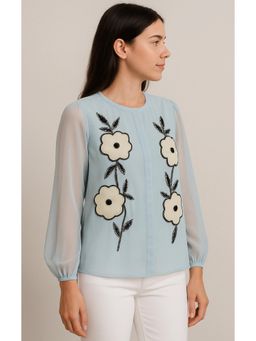 Galocher Clothing - Women Blue Fabric Applique Beaded Embroidered Shirt