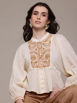 Label Ritu Kumar - Peach Gemma Embroidered Solid Top with Camisole (Set of 2)