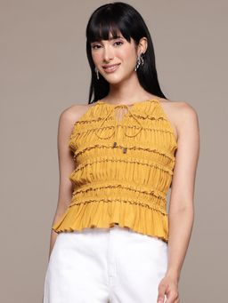 Label Ritu Kumar - Mustard Halter Neck Printed Short Top