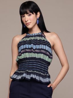 Label Ritu Kumar - Blue Halter Neck Printed Short Top