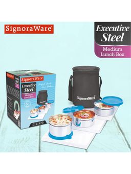 Signoraware - Blue Executive Stainless Steel Lunch Box With Bag