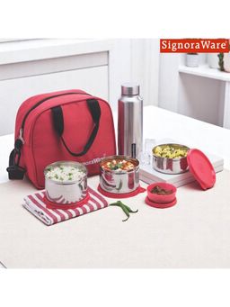 Signoraware - Red Sling Stainless Steel Lunch Box with Steel Bottle and Bag Set