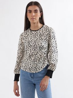 ELLE - Women Off White Printed Round Neck Top