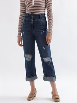 ELLE - Women Blue Slash Knee Straight Fit Jeans