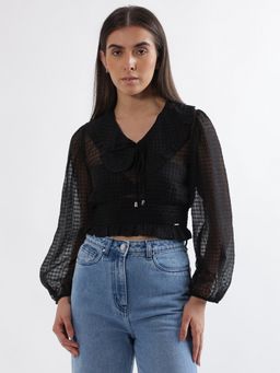 ELLE - Women Black Solid V-Neck Top