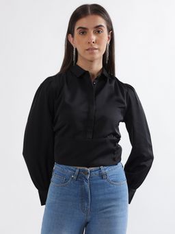 ELLE - Women Black Solid Shirt Collar Top